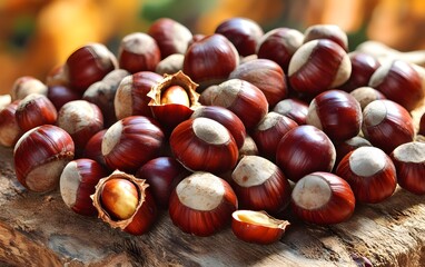 Autumn Harvest Pile of Chestnuts on Wood