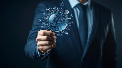 Fototapeta premium Businessman depicted examining safety and compliance elements with a magnifier, emphasizing risk management and operational efficiency through symbolic icons