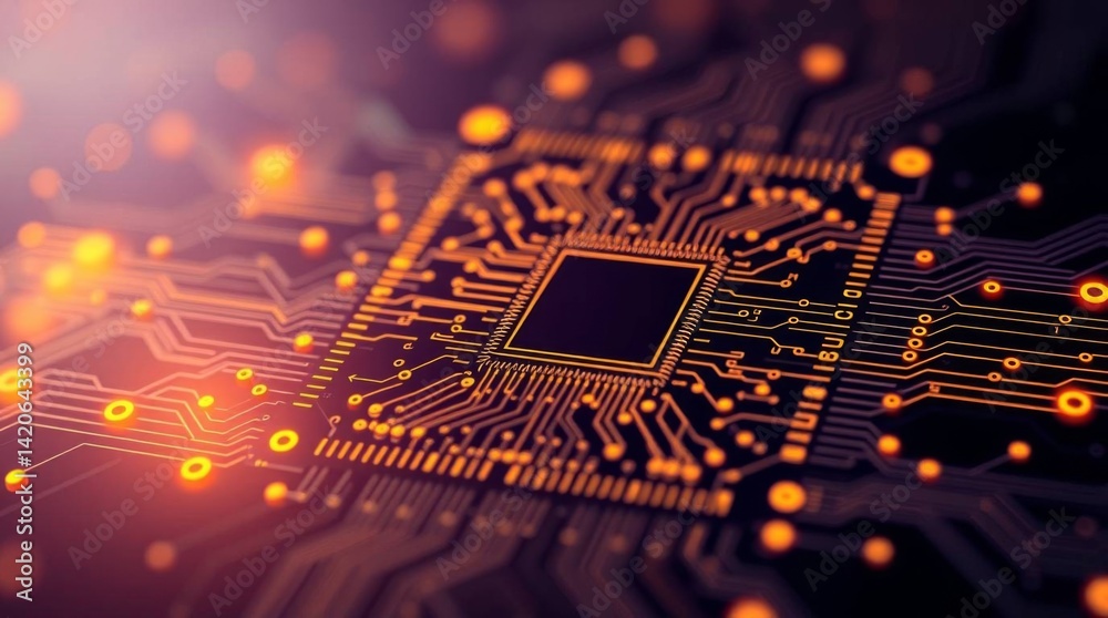 Leinwandbilder abstract orange circuit board with microchip technology background image
