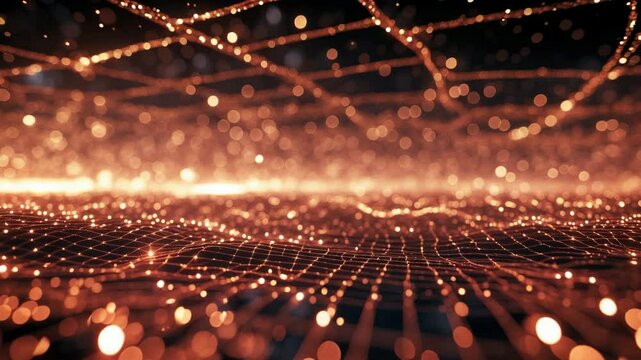 Science fiction scene featuring glowing particles with depth of field and bokeh effects, particles arranged in lines and abstract surface grids, rendered in 3D