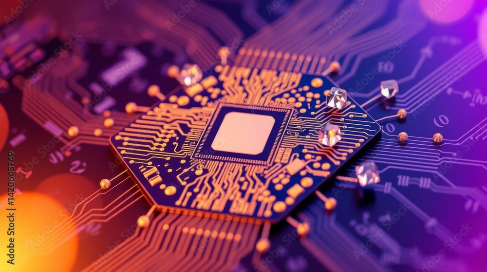 Poster Advanced microchip technology concept with intricate circuit design and vibrant colors