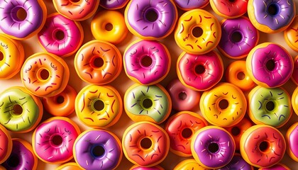 Fototapeta premium Colorful cartoon donuts forming a seamless repeating pattern, blue, donuts