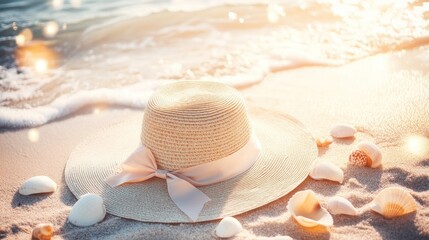 Beige straw sun hat rests on sandy beach.
