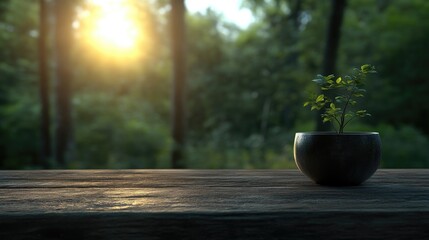 Fototapeta premium Small plant on wooden table, sunrise