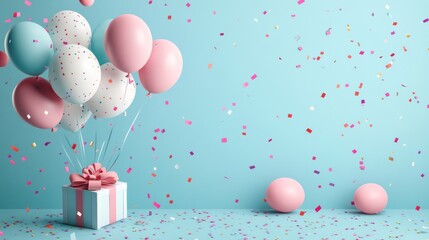 Pastel-themed celebration backdrop featuring balloons, gifts, and confetti elements