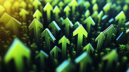 A 3D rendering of rising green arrows representing foresight in planning for future challenges and potential crises