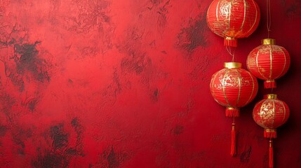 Festive red chinese lanterns hang against a textured red background