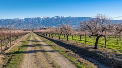 Obraz premium Scenic orchard road winds through blossoming trees, mountains in the distance.