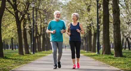 Obraz premium Active seniors stay healthy by jogging outdoors on a park path lined with trees.
