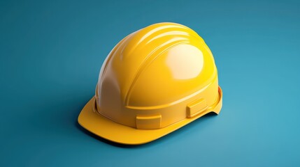 Fototapeta premium Vivid yellow construction helmet casting a soft shadow on a blue surface