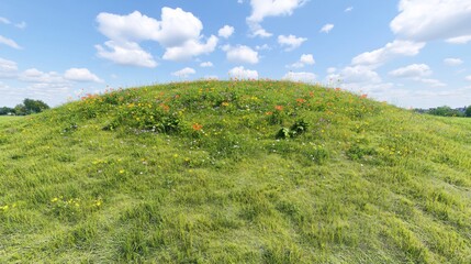 Obraz premium Lush grassy hill with wildflowers under a blue sky. Possible use nature, background, travel