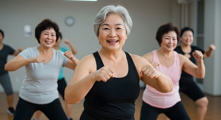 Smiling women enjoy a fitness class together, promoting healthy aging and social connection.