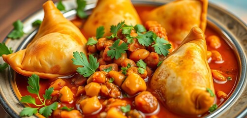 Crispy samosas nestled in a vibrant bed of spicy chole, garnished with cilantro, fresh, image