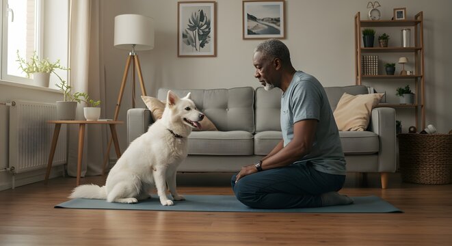 A man meditates with his dog on a yoga mat at home in a light and airy living room setting.
