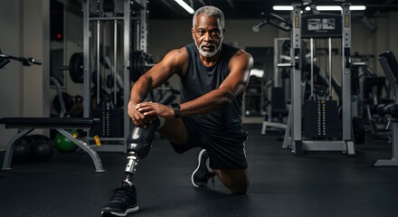 Mature athlete with prosthetic leg gets ready for workout in the gym, showcasing strength.