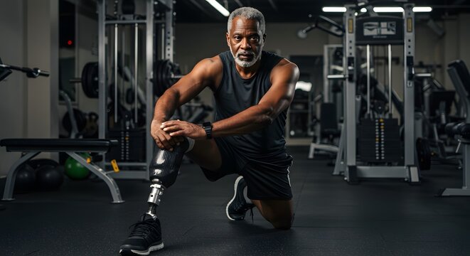 Mature athlete with prosthetic leg gets ready for workout in the gym, showcasing strength.
