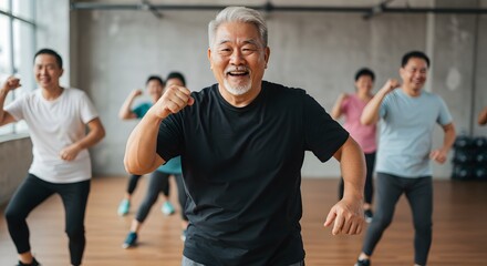 Happy people enjoying a group fitness class with an instructor in a bright, modern gym setting.