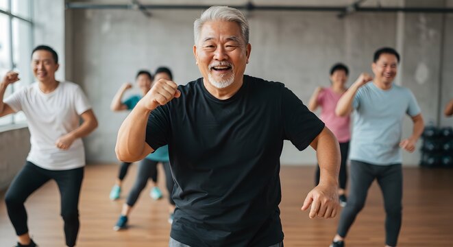 Happy people enjoying a group fitness class with an instructor in a bright, modern gym setting.