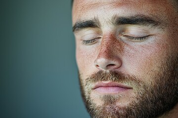 Obraz premium Close-up of a serene young man with a beard and closed eyes, exuding calmness.