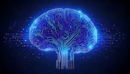 Glowing AI Brain with Digital Circuits and Data Streams in Blue and Purple