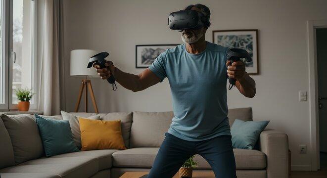 Middle-aged man uses a virtual reality headset and controllers in his living room at home.