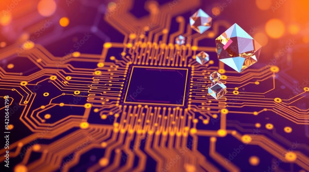 Aufkleber Digital circuit board with processor and crystal cubes for future tech