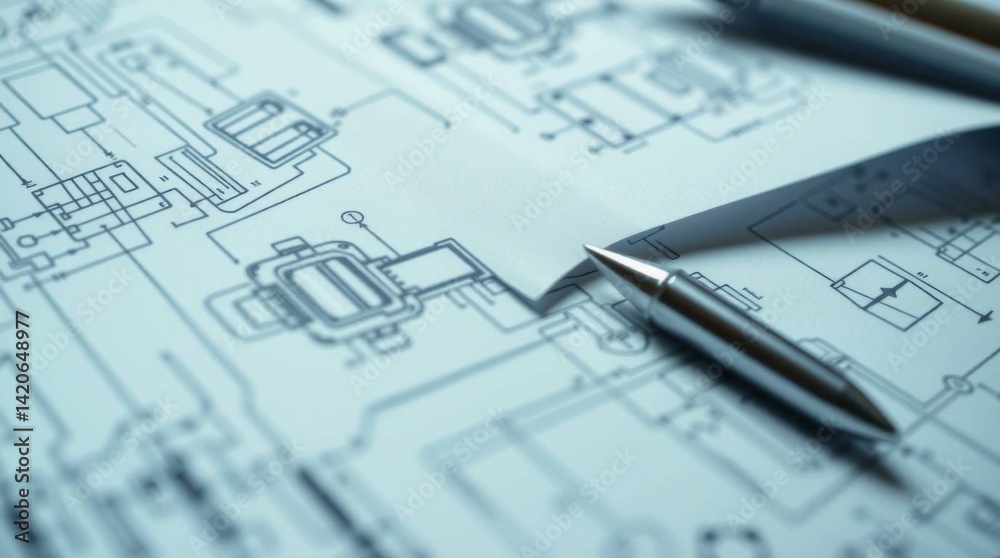 Aufkleber engineering blueprint with pen for design and construction projects
