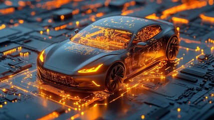 Futuristic Electric Vehicle on Circuit Board: Innovation in Automotive Technology