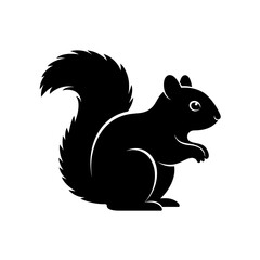 Minimal black squirrel icon with bushy tail and round body in solid vector silhouette on white background