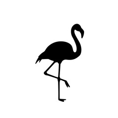 Black silhouette vector icon of a flamingo standing on one leg with curved neck in simple flat design