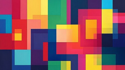 Abstract composition featuring multicolored squares and rectangles overlapping each other
