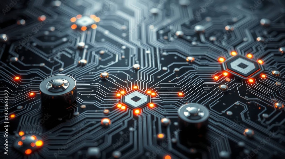 Poster Futuristic circuit board with glowing components and intricate pathways design