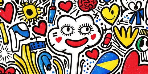 Fototapeta premium A vibrant, colorful pattern featuring playful doodles and cheerful motifs.