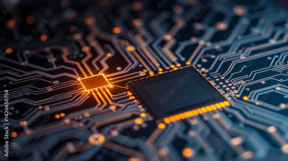 Poster futuristic glowing circuit board with microchips conveys high technology