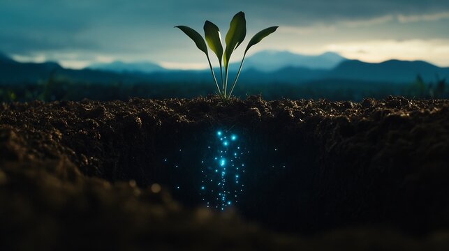 microbiological symbiosis visualized as glowing organisms working together inside