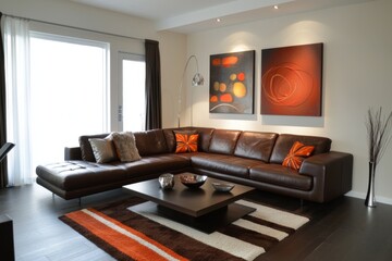 contemporary living room design featuring a brown leather sofa, a minimalist coffee table, a textured throw blanket, and a vibrant accent chair, set against a neutral wall with abstract art