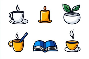 A cozy arrangement of drinks, a candle, and a book, perfect for relaxation.