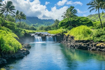 Fototapeta premium Lush tropical waterfall cascading into a tranquil pool, surrounded by lush greenery and mountains