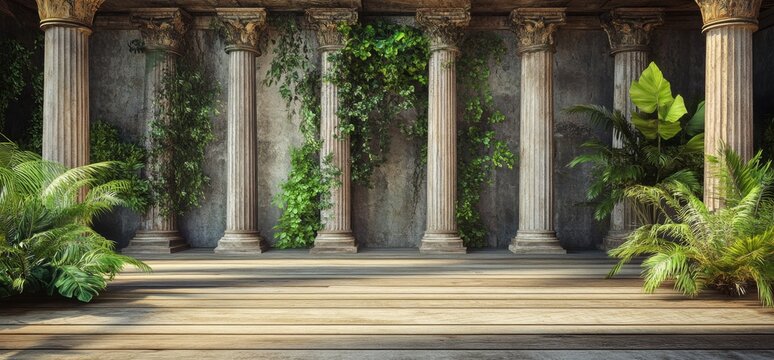 Ancient Roman Patio with Lush Greenery