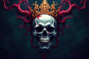 Intricate skull crown, death calligraphy swirls, skull, memorial