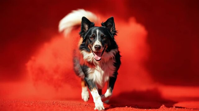 Border Collie covered by Holi powder running fast toward the camera against red background  