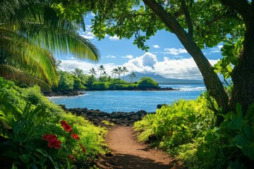 Tropical Pathway to Paradise. Lush, verdant pathway leads through a tropical paradise to a serene cove. Vivid colors and lush foliage create a serene, inviting atmosphere