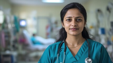 Confident female doctor with stethoscope posing for camera in busy hospital environment with patient in background wearing scrubs and protective measures