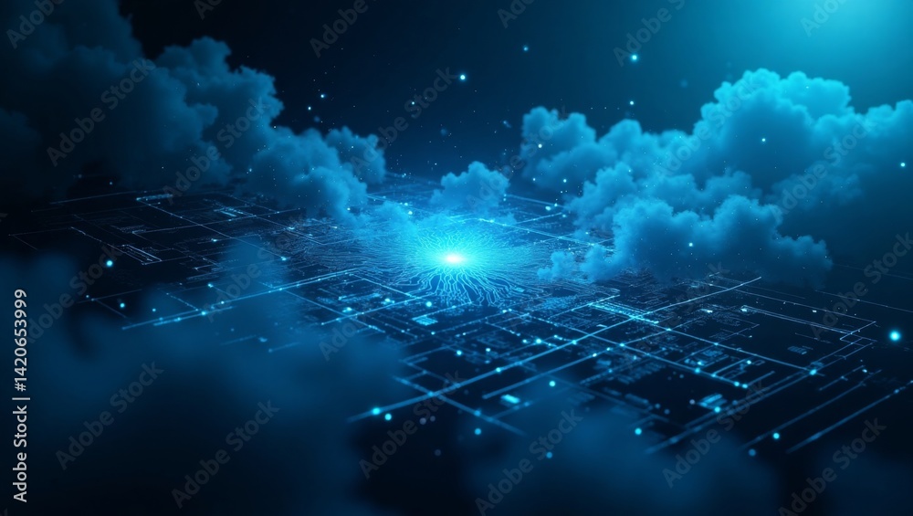 Poster Futuristic technology network with glowing connections and cloud computing