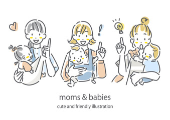 指差す若いお母さんと赤ちゃん　お洒落でかわいい手描き風線画イラスト