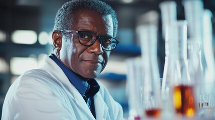 Professional African American Scientist in Laboratory Wearing Glasses Surrounded by Laboratory Glassware and Colorful Liquids in Research Environment