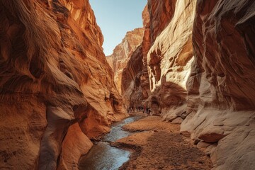 Narrow canyon, desert, hikers. 