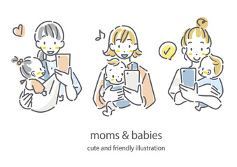 赤ちゃんを抱っこしながらスマホを使う若いお母さん　お洒落でかわいい手描き風線画イラスト