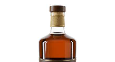 An elegant, vintage-style bottle filled with rich, amber-colored liquor, suggesting aged brandy, whiskey, or fine spirits for connoisseurs.