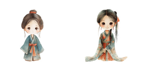 cute chinese girl wearing hanfu watercolor vector illustration
